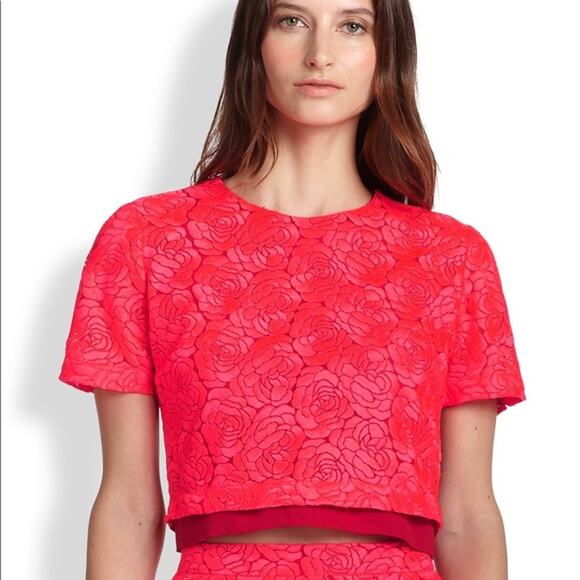 A.L.C. Thompson Bold Neon Pink Floral Lace Red Contrast Layered Crop Top - Picture 1 of 15